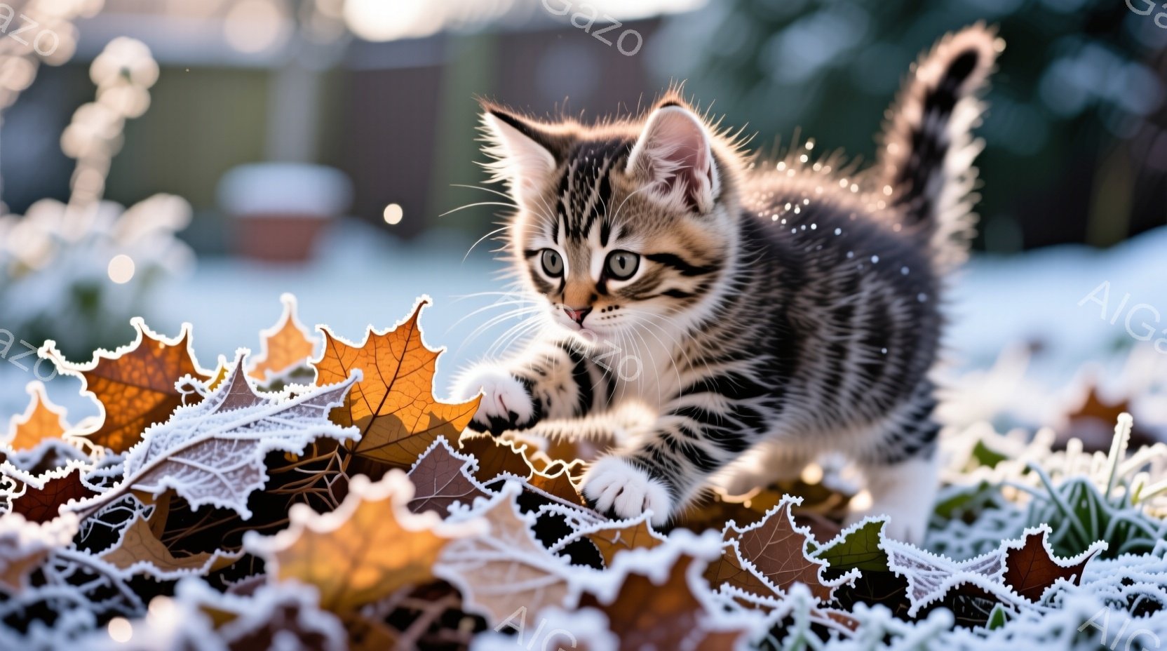 小さな縞模様の猫が、霜が降りた落ち葉の上を歩いている様子が写っている。猫は白い爪で葉に触れようとしており、好奇心に満ちた表情で前を見ている。背景には緑色の植物がぼやけており、冬の穏やかな朝の雰囲気が漂 - AI生成フリー素材