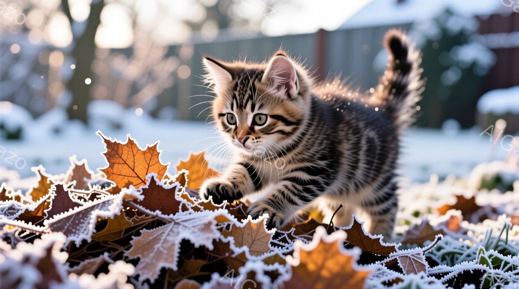 小さな縞模様の猫が、霜で覆われた落ち葉の上を歩いている。猫は前足を伸ばし、まるで何かを捕まえようとしているかのような姿勢で、鋭い眼差しで前を見つめている。背景にはぼやけた建物と、薄く雪が積もった庭が広 - AI生成フリー素材