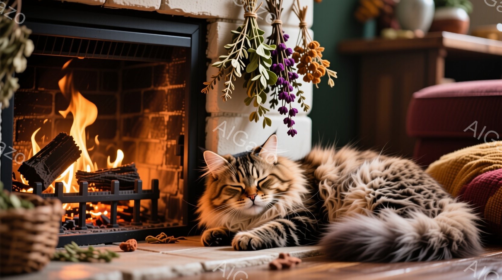 暖炉の前で、美しい毛並みの縞模様の猫がリラックスして横たわっています。猫は目を閉じており、穏やかで平和な表情をしています。背景には、暖炉、木製の床、そして植物の装飾が見られ、温かく居心地の良い雰囲気を - AI生成フリー素材