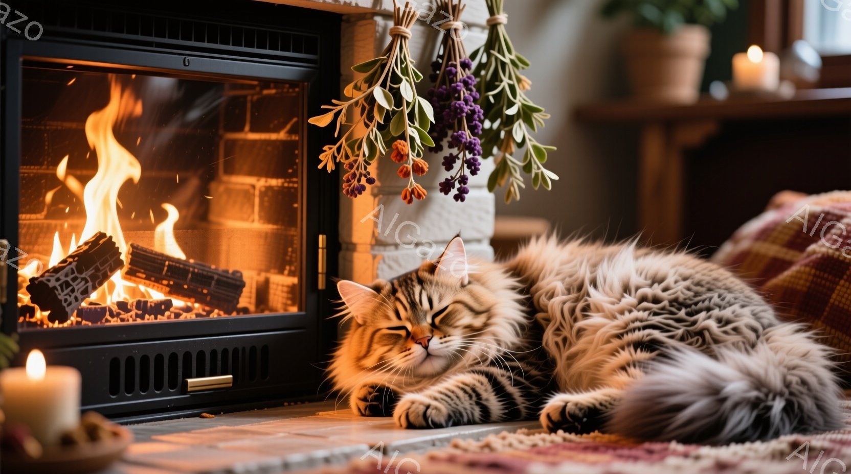 暖炉の前で長い毛並みの猫がリラックスして横たわっています。猫は目を閉じ、穏やかな表情を浮かべており、温かい光に照らされています。背景には、ドライフラワーのブーケが飾られ、暖炉の火とキャンドルの灯りが、 - AI生成フリー素材