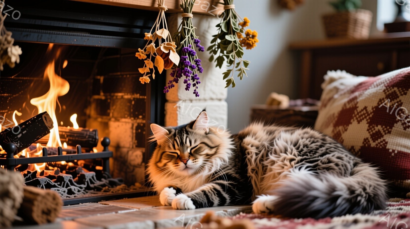 長毛の縞模様の猫が暖炉の前に横たわり、リラックスした表情で目を細めています。暖炉の中では炎が燃え盛り、オレンジ色の温かい光が猫と周囲の部屋を照らしています。背景にはレンガ造りの暖炉と、ドライフラワーで - AI生成フリー素材