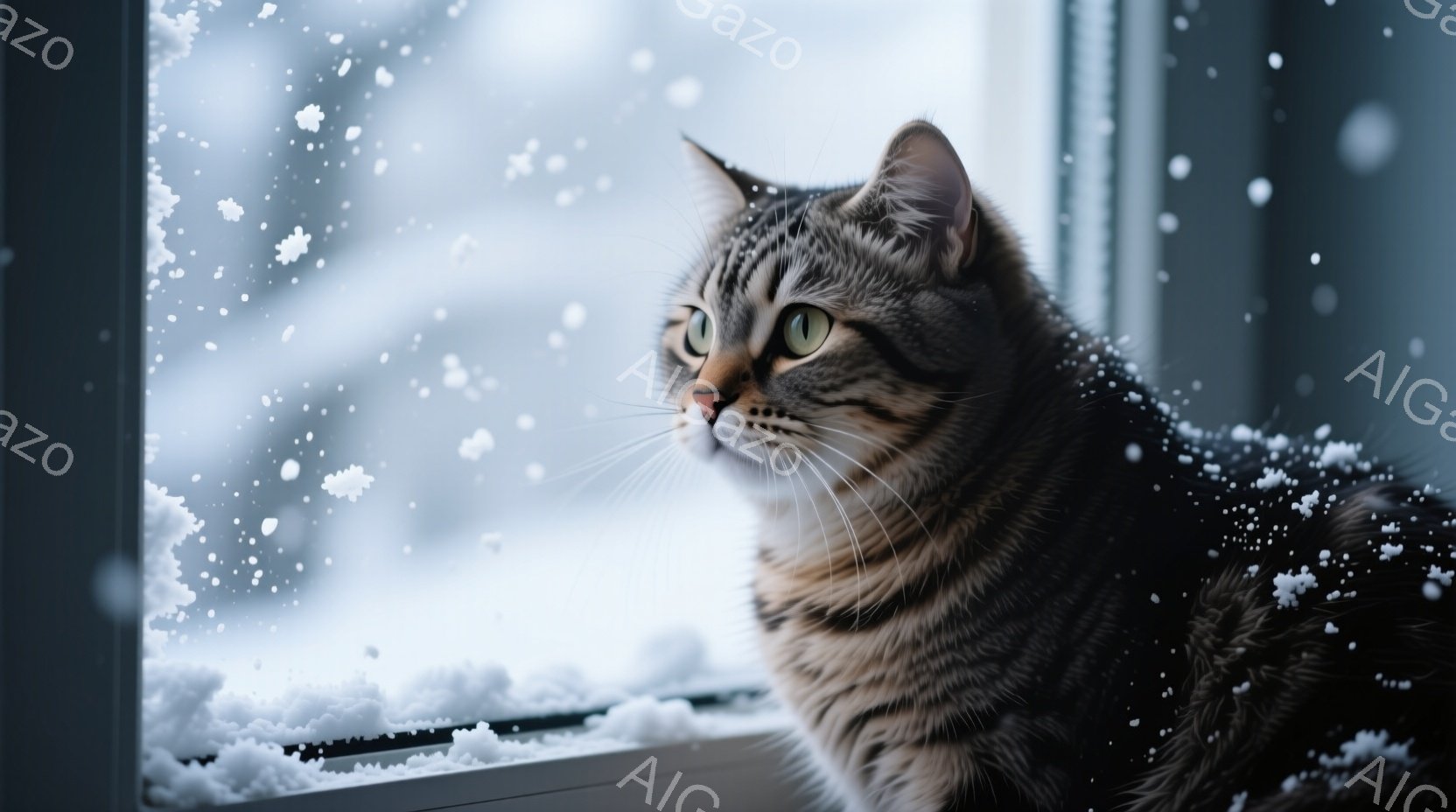 縞模様の猫が窓枠に座り、外を眺めている。雪が窓ガラスに降り積もり、ぼやけた背景には白い景色が広がる。猫は落ち着いた表情で、寒さを感じさせない穏やかな雰囲気を醸し出している。 - AI生成フリー素材