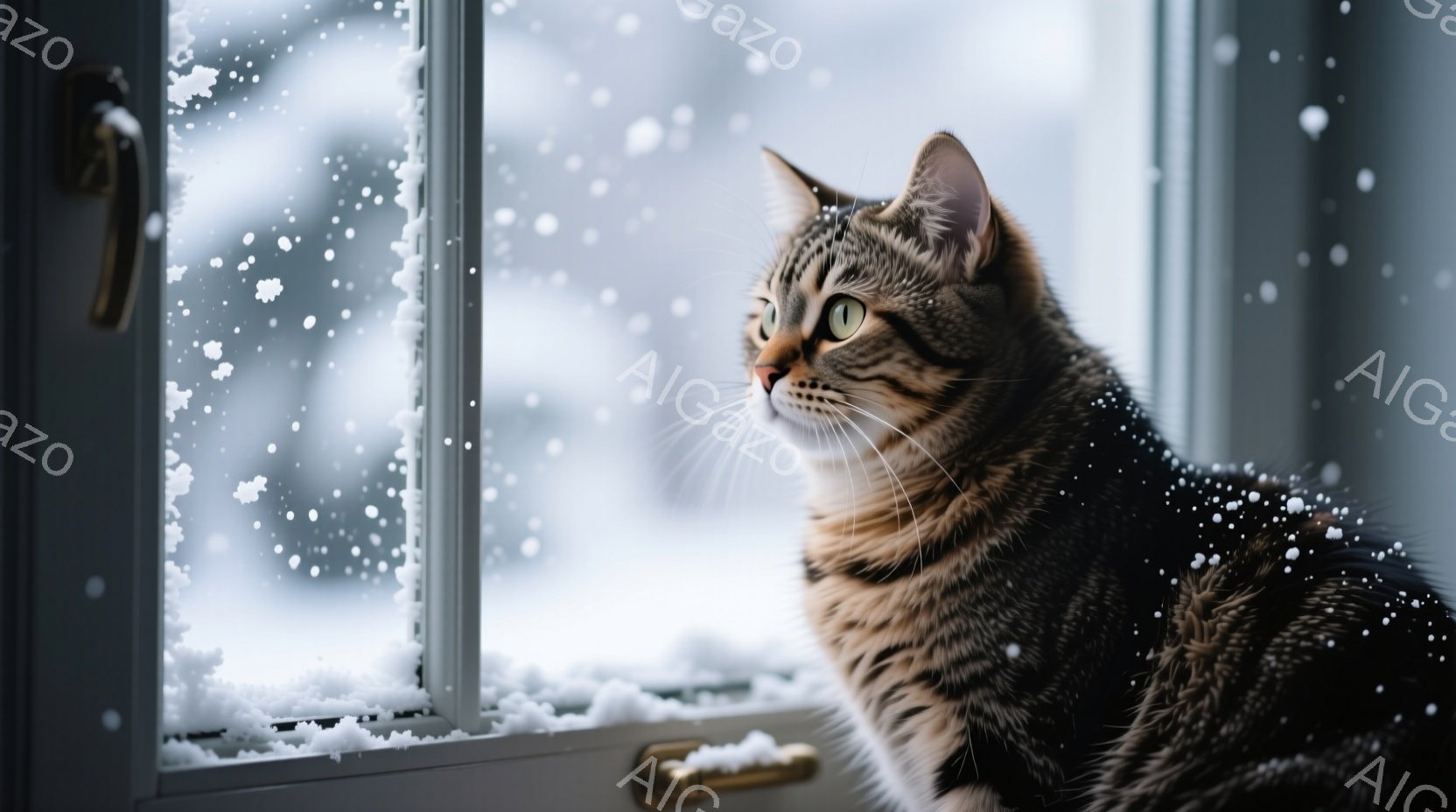 縞模様の猫が窓の外を眺めています。雪が降り積もり、窓枠には雪がついており、猫は少し物憂げな表情で遠くを見つめています。背景は雪景色で、冬の静寂さと猫の穏やかな雰囲気が漂っています。 - AI生成フリー素材