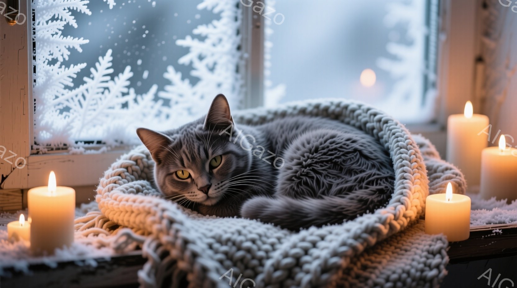 灰色の猫が、窓辺に置かれた白い編み物のベッドで丸まって休んでいる。背景には雪の結晶が描かれた窓ガラスと、点灯したキャンドルが並び、穏やかで温かい冬の雰囲気を醸し出している。猫の表情はリラックスしており - AI生成フリー素材