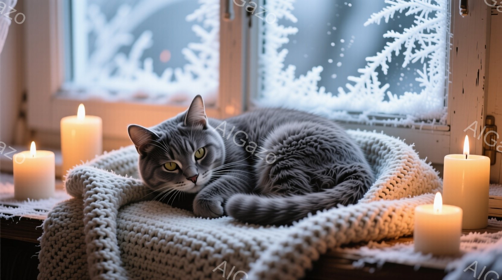 白い毛並みを持つシャム猫が、霜で覆われた木の枝にとまっており、その視線はどこか遠くを見つめている。背景は霧に包まれた森林で、木々の葉は霜や凍結によって白く彩られ、冬の静寂な雰囲気を醸し出している。猫の - AI生成フリー素材