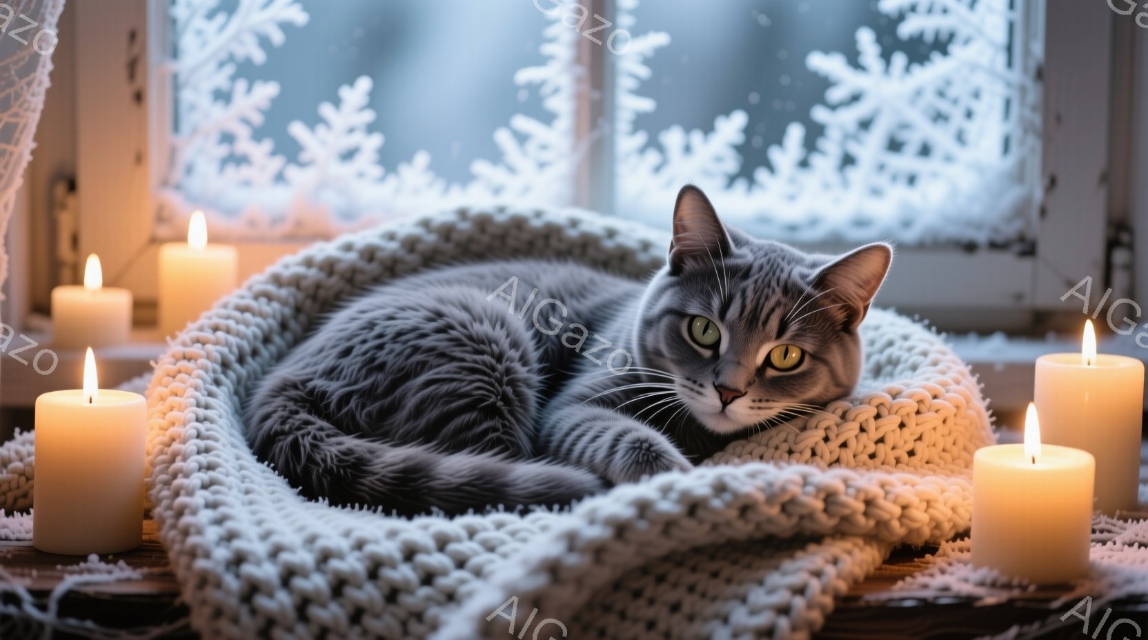 灰色の毛並みの猫が、白い編み物のベッドに丸まって横たわっています。猫は緑色の目を持ち、穏やかでリラックスした表情を浮かべています。背景には、雪の結晶が描かれた窓と、灯されたキャンドルが暖かく優しい雰囲 - AI生成フリー素材
