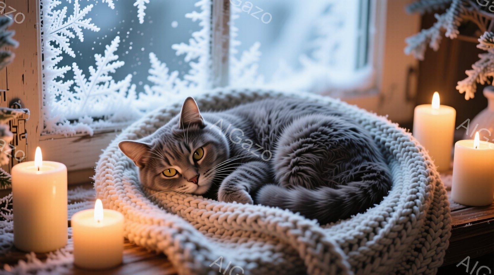 灰色の縞模様の猫が、白い編み物のベッドに丸まって横たわっています。猫はリラックスした表情で、少しだけこちらを見ています。背景には雪の降る冬の風景が見え、白いキャンドルが穏やかな光を放ち、暖かく落ち着い - AI生成フリー素材