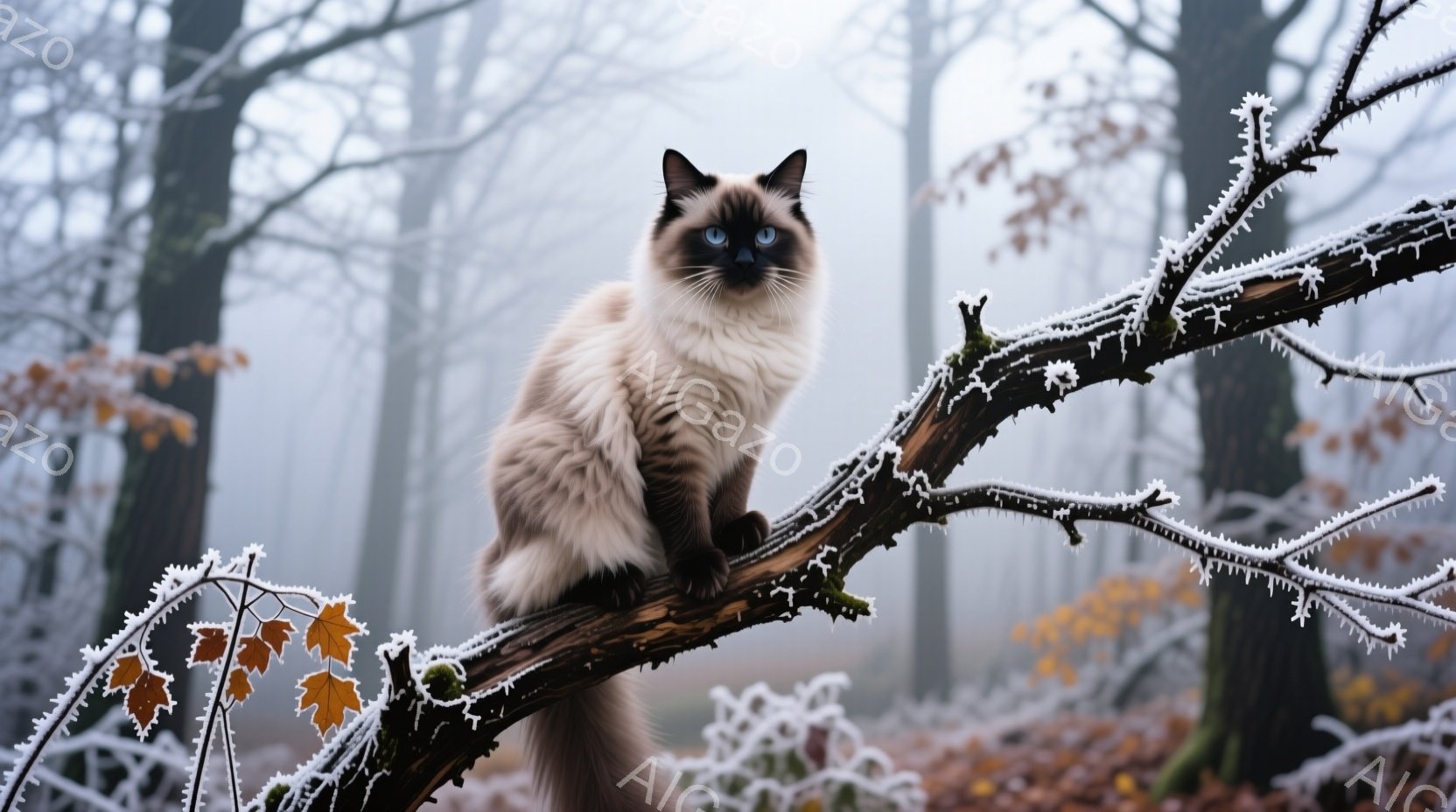 白と茶色の毛並みを持つ美しいシャム猫が、霜で覆われた木の枝の上に座ってこちらを見つめている。背景は霧に包まれた冬の森で、木の幹がぼんやりと見える。全体的に幻想的で、静謐な雰囲気が漂っている。 - AI生成フリー素材