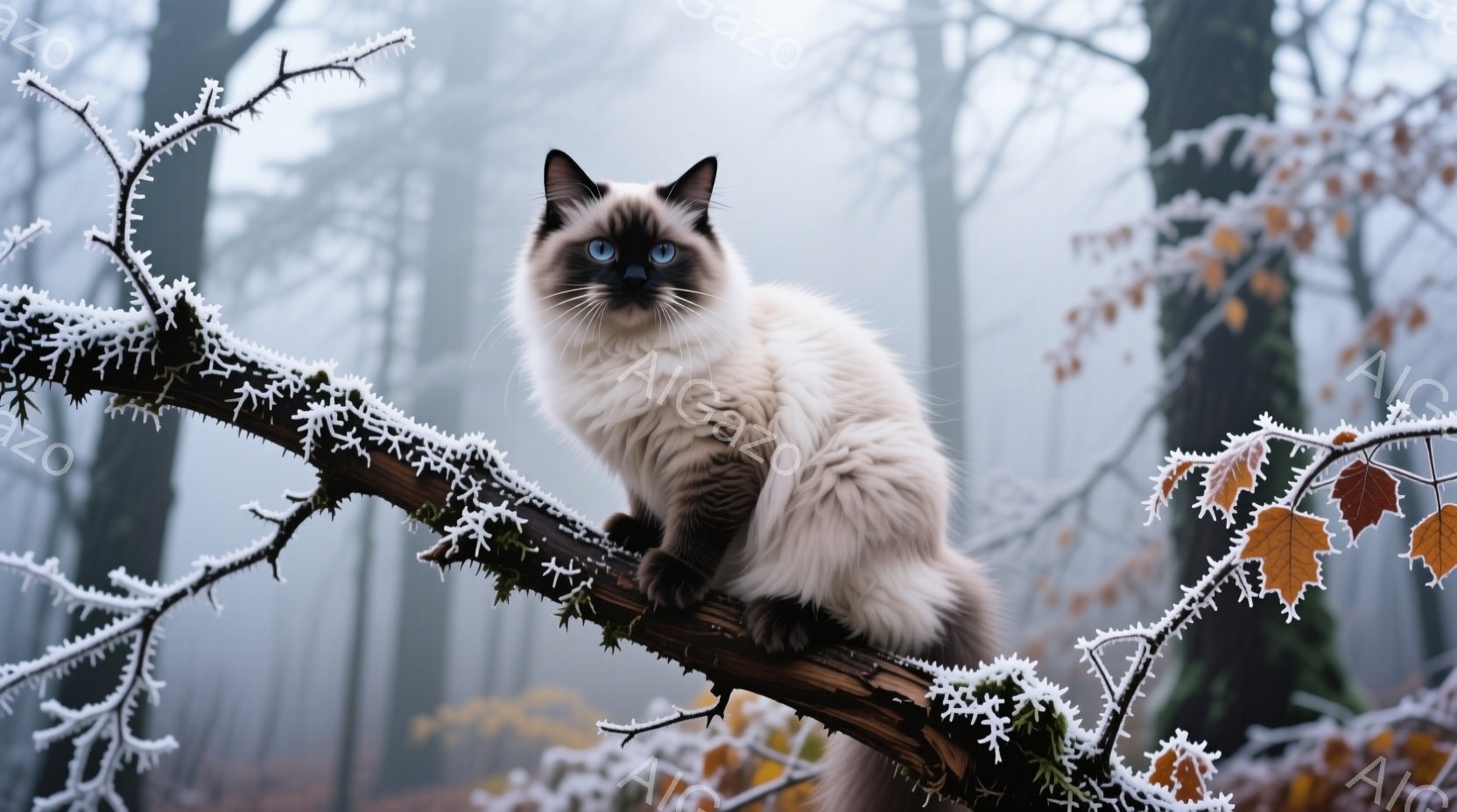 白い毛並みに青い瞳が印象的なシャム猫が、霜で覆われた木の枝に座っています。猫は前方をまっすぐ見つめ、凛とした表情をしています。背景は霧に包まれた森林で、冬の静寂な雰囲気が漂っています。