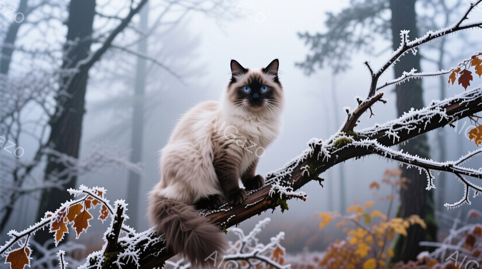 白地に濃い茶色の模様が入った美しい猫が、霜で覆われた木の枝に座っています。猫は正面をまっすぐ見つめ、穏やかで自信に満ちた表情をしています。背景には霧が立ち込め、冬の寒々とした森の雰囲気が漂っています。