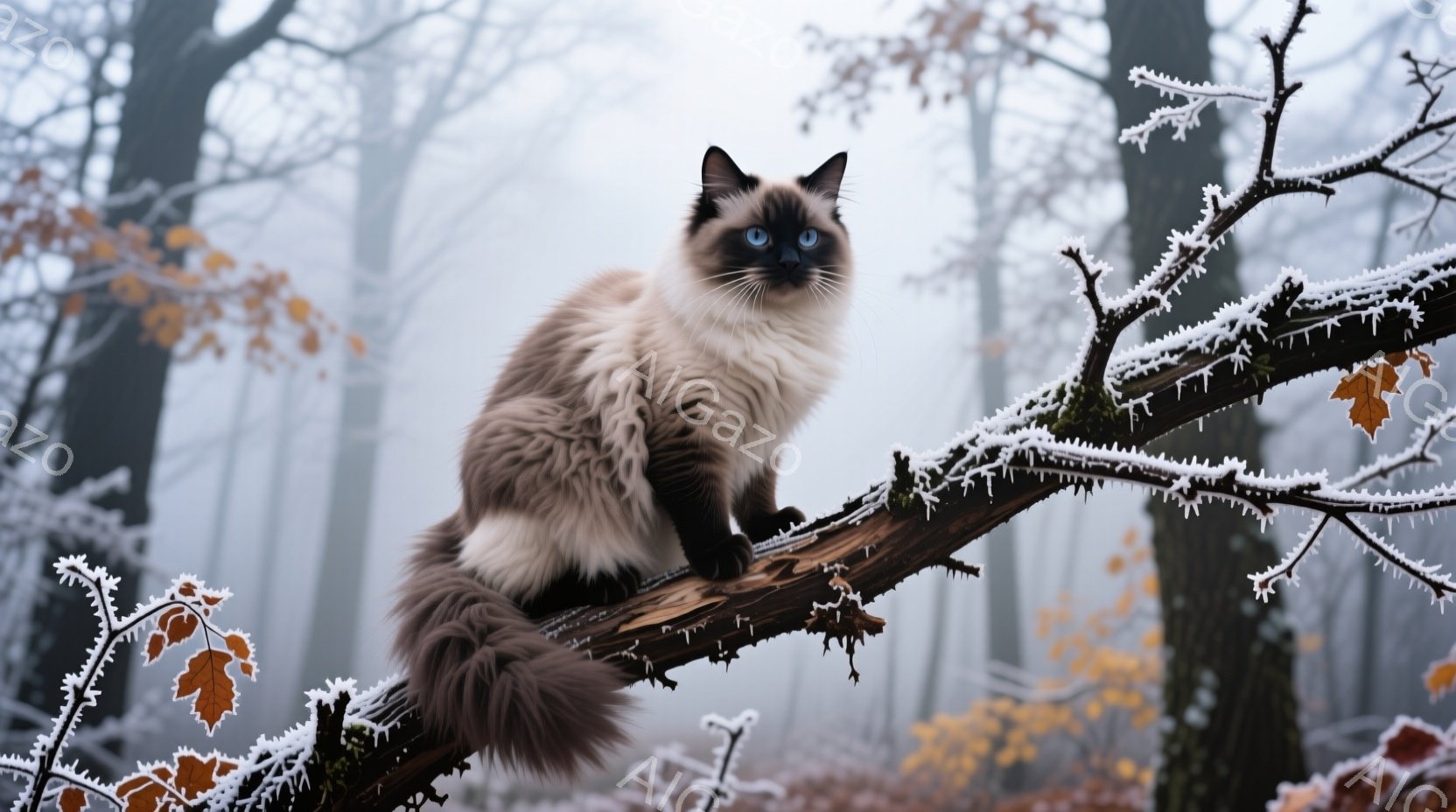 霜で覆われた木の枝に、美しいシャム猫が座っている。毛並みはふっくらとしており、青い瞳が印象的で、凛とした表情を見せている。背景は霧に包まれた森で、木々はうっすらと白く、静かで幻想的な雰囲気を醸し出して - AI生成フリー素材