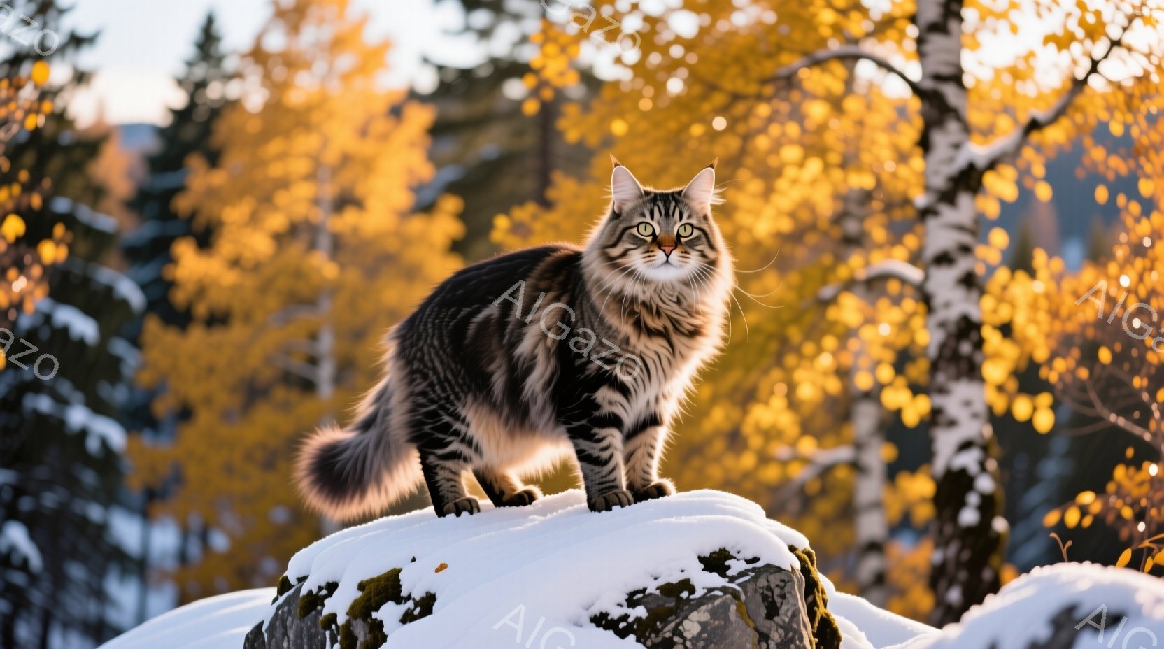 縞模様の大きな猫が雪に覆われた岩の上に堂々と立っている。背景には鮮やかな黄色の紅葉の木々が立ち並び、冬の暖かな光が差し込んでいる。猫の表情は落ち着いており、周囲の景色を見渡す様子がうかがえる。