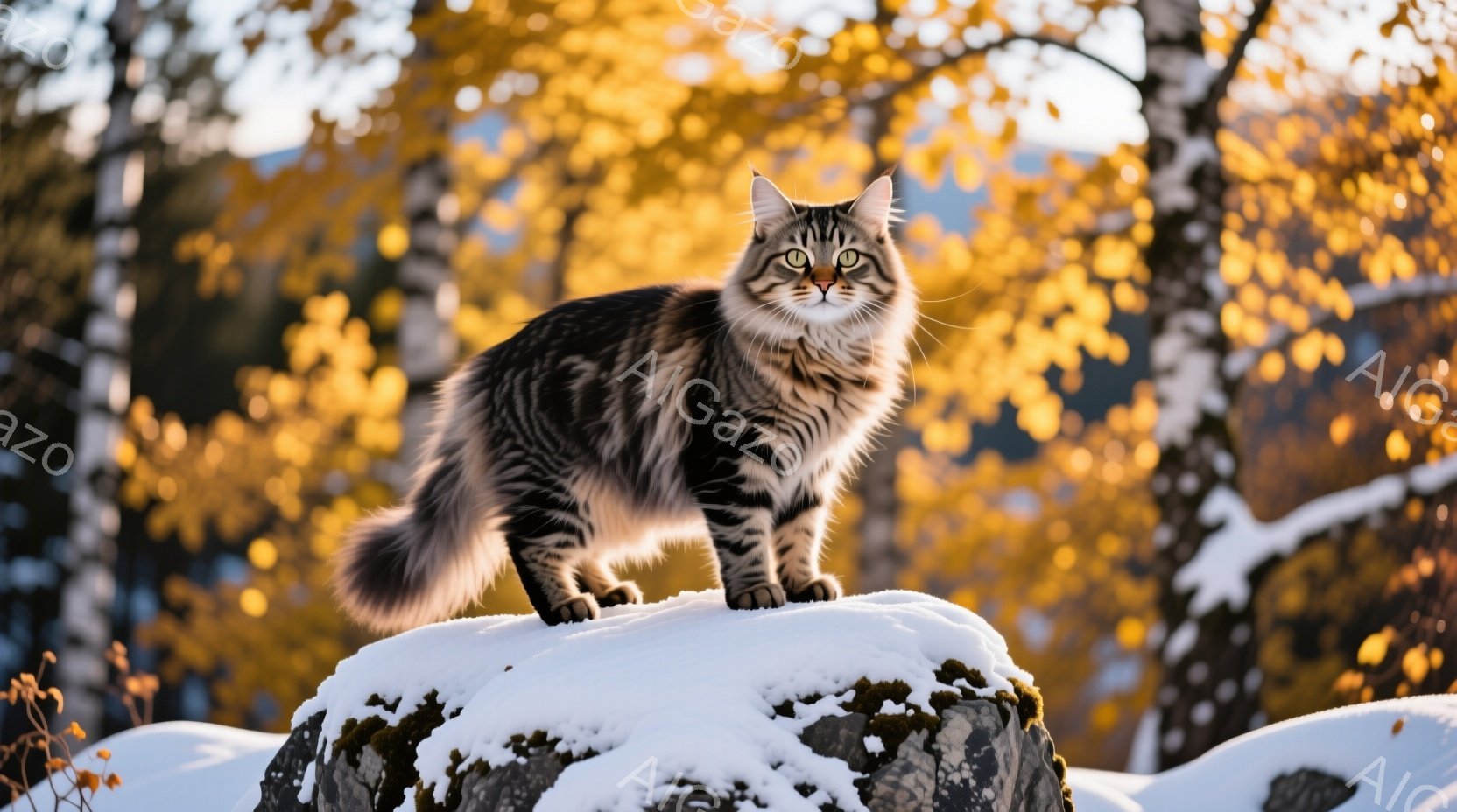 縞模様の大きな猫が、雪に覆われた岩の上に堂々と立っている。背景には黄金色に輝く落葉樹林が広がり、冬の静寂と鮮やかな自然のコントラストが美しい。猫の目は力強く、毛並みはふさふさとしており、凛とした雰囲気 - AI生成フリー素材