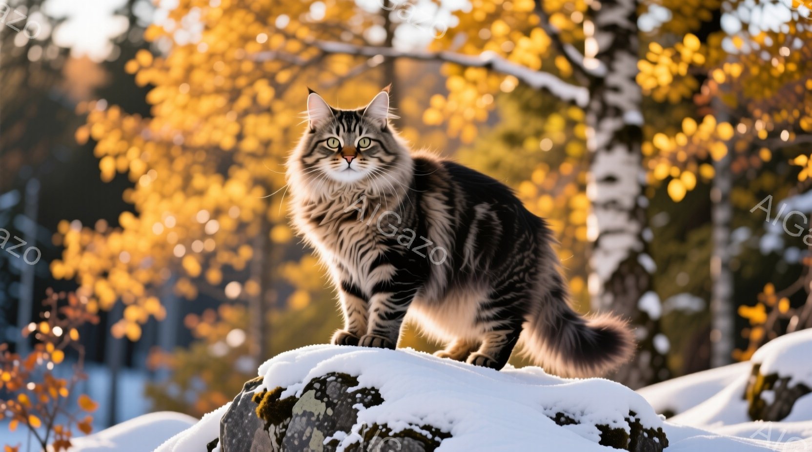 長毛の縞模様の猫が、雪に覆われた岩の上に堂々と立っている。その表情は自信に満ちており、鋭い眼差しは遠くを見つめている。背景には、秋の黄葉した木々と雪景色が広がり、静かで穏やかな雰囲気を醸し出している。 - AI生成フリー素材