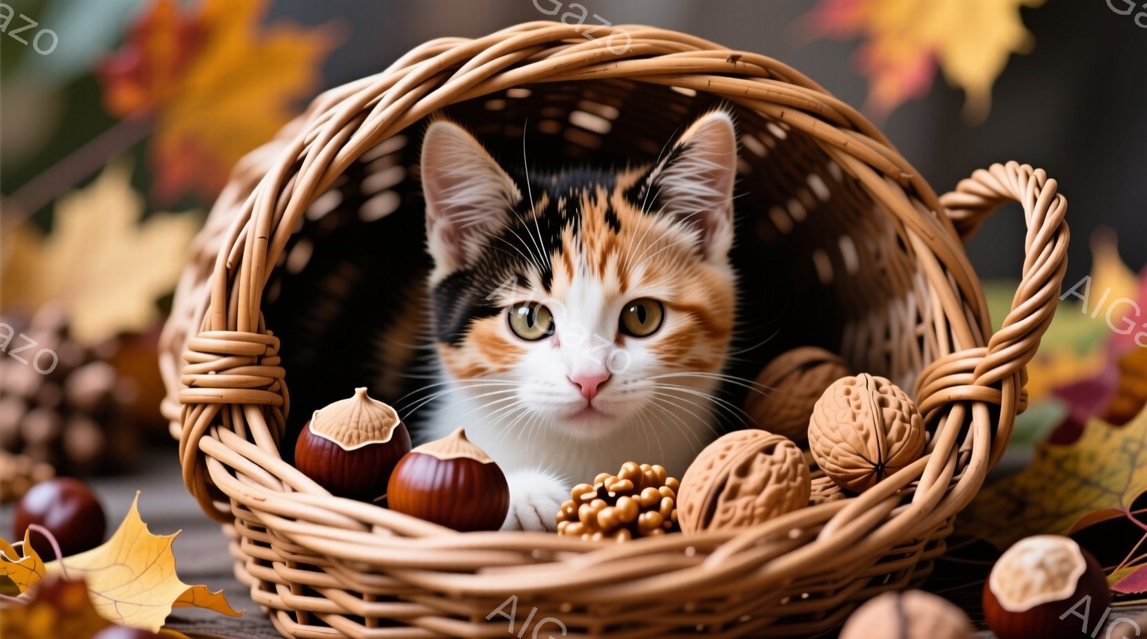 籠の中に、白、オレンジ、黒のまだら模様の猫が丸まって座っています。猫は正面を見ており、少し好奇心とリラックスした表情を浮かべています。籠の中にはドングリや栗などの秋の恵みが散りばめられており、背景には - AI生成フリー素材