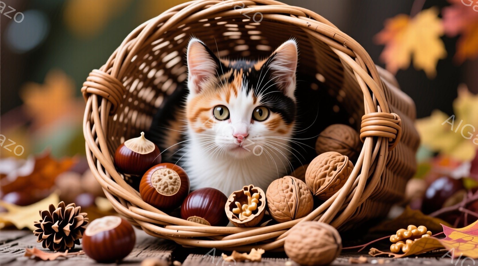 籠の中に白と茶色のまだら模様の猫が顔を出しています。猫は大きな緑色の瞳でカメラを見つめ、少しいたずらっぽい表情を浮かべています。籠の周りには、栗やクルミなどの秋の実りが散らばり、背景には落ち葉が見え、 - AI生成フリー素材