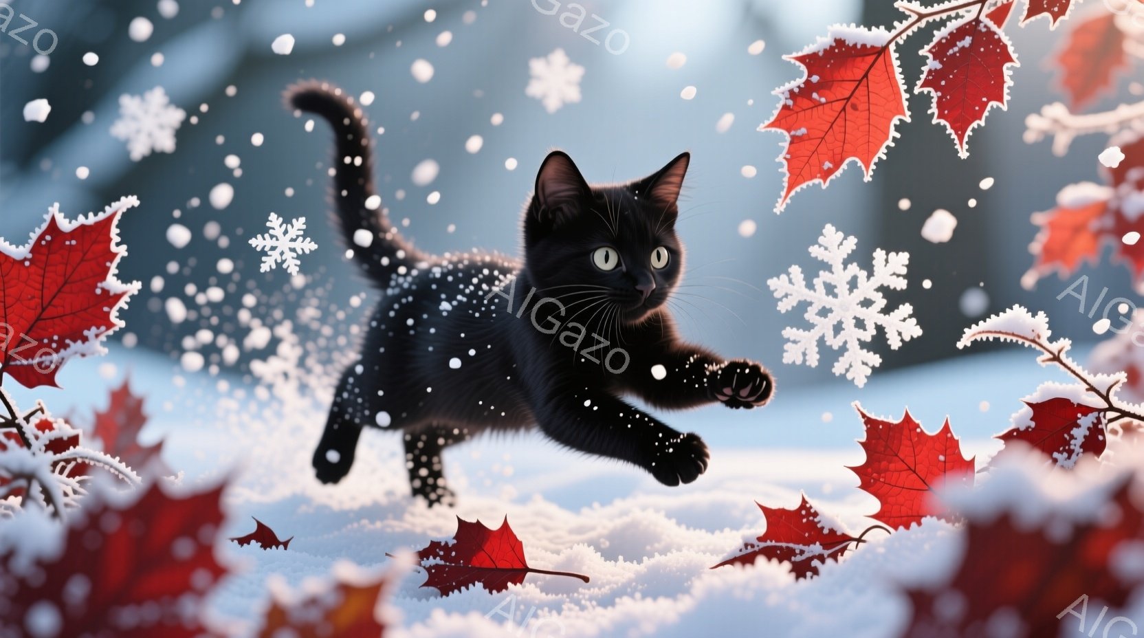 黒猫が雪景色の中を駆け抜けている様子が描かれています。背景には紅葉した葉と雪の結晶が舞い、冬の寒さと暖かさが混ざり合ったような雰囲気が漂っています。猫は活発で遊び心にあふれた表情で、冬の景色を楽しんで - AI生成フリー素材