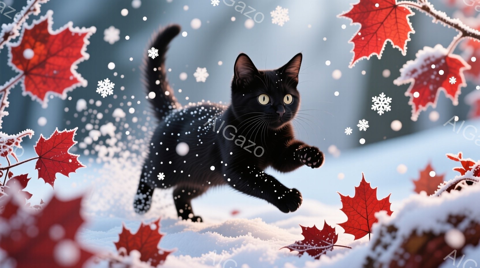 黒い子猫が雪の中を駆け抜けている様子が写っている。背景には赤いもみじの葉が散りばめられ、雪片が舞い散る冬の風景が広がっている。全体的に、可愛らしく、活気のある、温かい雰囲気である。