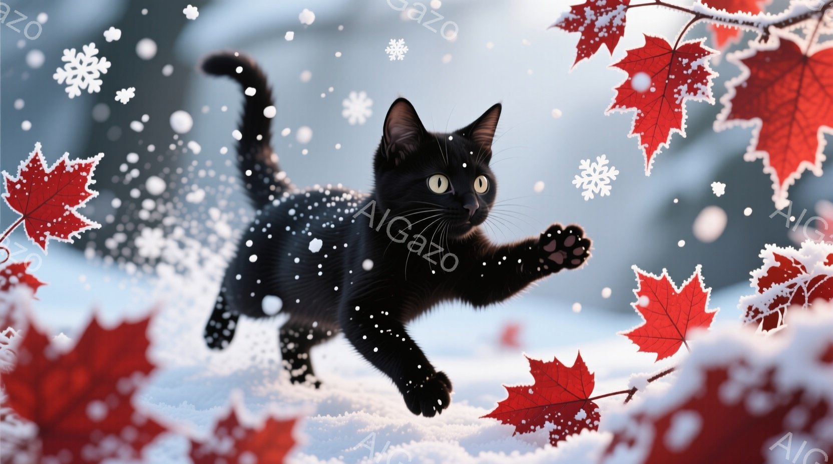 黒猫が雪の中を勢いよく駆け抜けている様子が捉えられています。背景には赤いカエデの葉が舞い散り、雪片とともに冬の景色を彩っています。猫の表情は遊び心に満ち溢れ、躍動感あふれる姿が魅力的な一枚です。