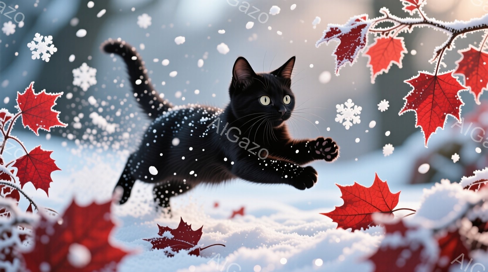 黒い猫が雪の中を躍動的にジャンプしている様子が描かれています。周囲には赤く色づいたカエデの葉が散らばり、雪片が舞い散る冬の風景です。猫は遊び心に満ちた表情で、鮮やかなコントラストが楽しい雰囲気を醸し出しています。