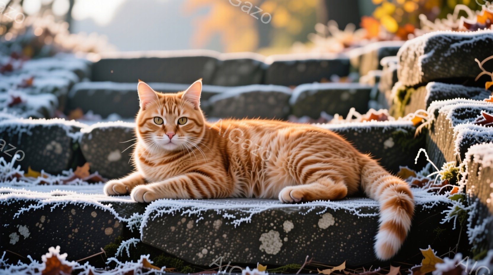 鮮やかなオレンジ色の縞模様の猫が、霜で覆われた石段にゆったりと横たわっています。猫は前足を揃え、リラックスした表情でカメラを見つめており、その毛並みは冬の冷えの中で温かさを感じさせます。背景には、霜で - AI生成フリー素材