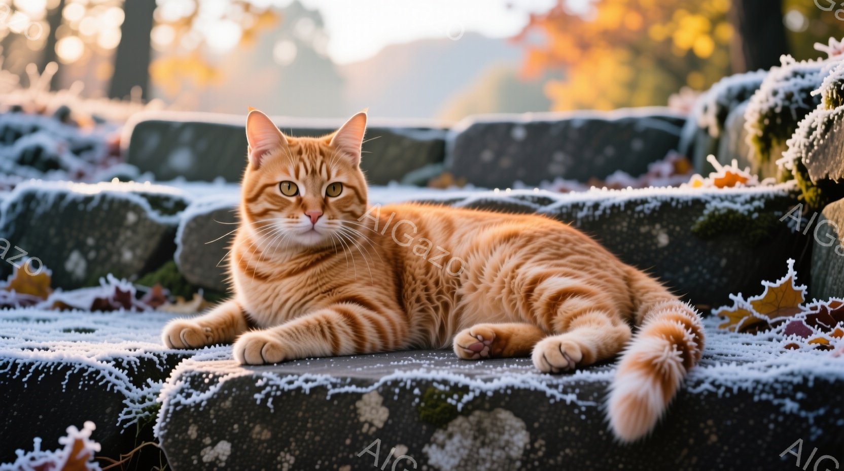 鮮やかなオレンジ色の縞模様の猫が、霜で覆われた石段にうつ伏せになってリラックスしています。その表情は穏やかで、琥珀色の瞳はカメラをまっすぐ見つめています。背景には、霜が降りた落ち葉と、ぼやけた木々が見 - AI生成フリー素材