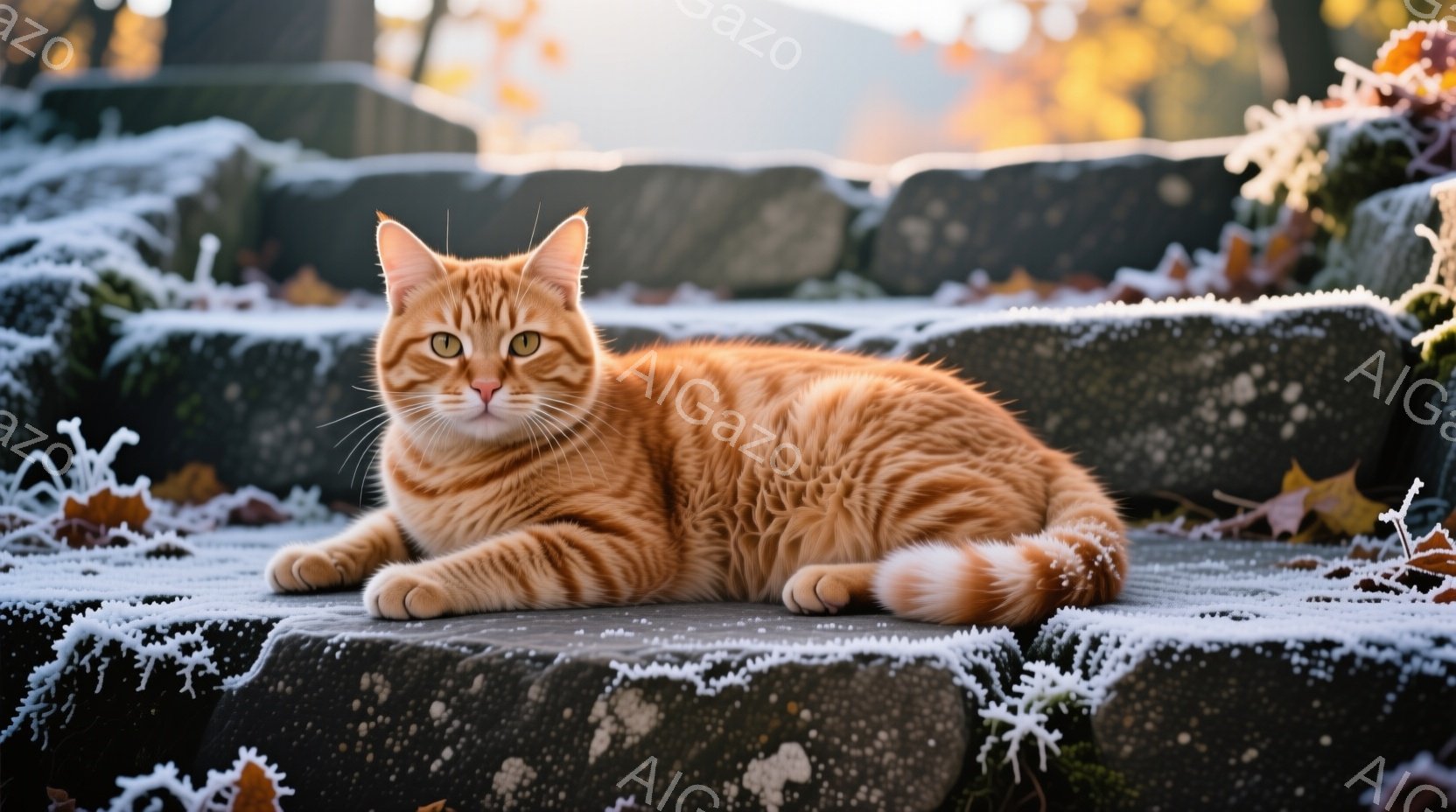 鮮やかなオレンジ色の毛並みを持つ猫が、霜で覆われた石段に横たわっています。猫はリラックスした様子で、前足を揃え、穏やかな表情でカメラを見つめています。背景には、霜が降りた植物と、ぼやけた自然の風景が広 - AI生成フリー素材