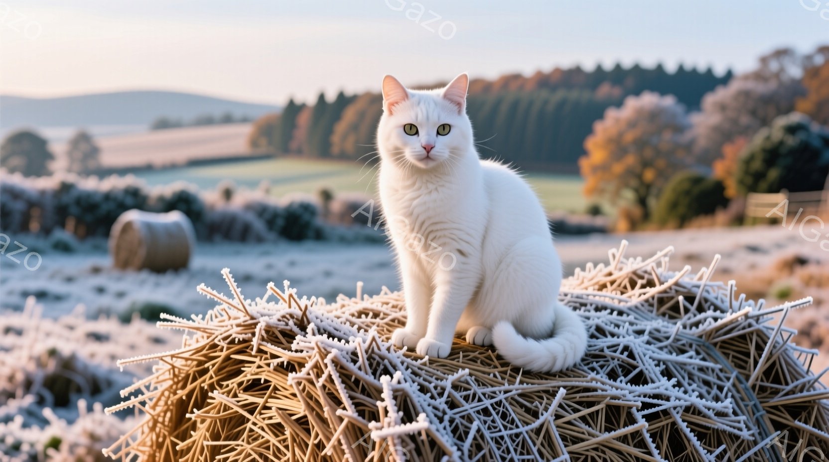 白い猫が藁の俵の上に座っており、鋭い金色の目とピンクの鼻で正面を見つめている。背景には霜で覆われた牧草地と、遠くの木々と丘が見え、冬の朝の静かで凍てつくような雰囲気が漂っている。猫の白い毛並みと藁の茶色が対照的で、鮮やかな印象を与える。