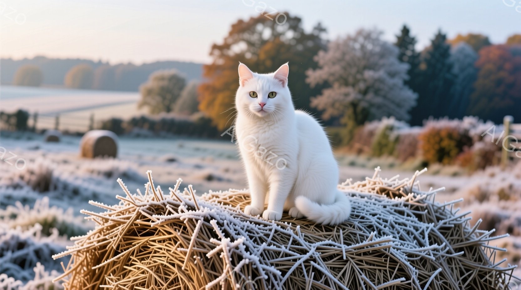 白い猫が、霜で覆われた干し草の俵の上に座っています。猫は前足を揃え、まっすぐ前を見つめており、凛とした表情をしています。背景には、霜で白く覆われた野原と、紅葉し始めた木々が広がっており、静かで冷たい冬 - AI生成フリー素材