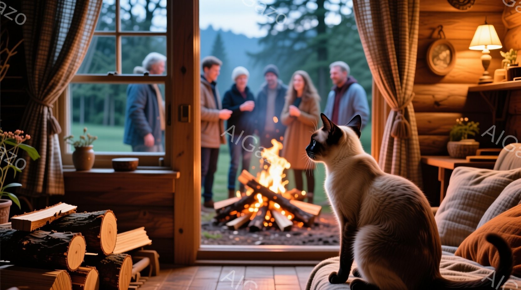 温かみのあるキャビン内部で、シベリアンハスキーのような毛色の猫がソファーに座り、暖炉の炎を見つめている。窓の外には、数人の人々が夕暮れ時の緑豊かな森の中で集まり、楽しげに談笑している様子が見える。室内 - AI生成フリー素材