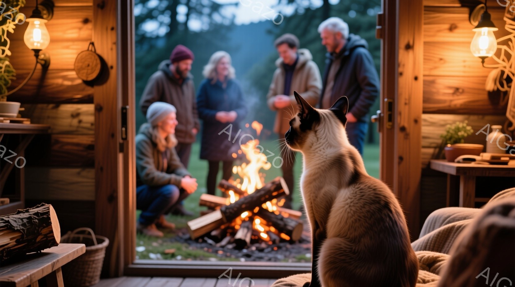 開放的なウッドデッキの入り口に、美しいシャム猫が腰掛けている。背景には、暖炉を囲んで談笑する何人かの大人が見え、皆、冬らしいアウターを着用している。全体的に、温かく穏やかな雰囲気で、自然に囲まれたリラックスした空間が表現されている。