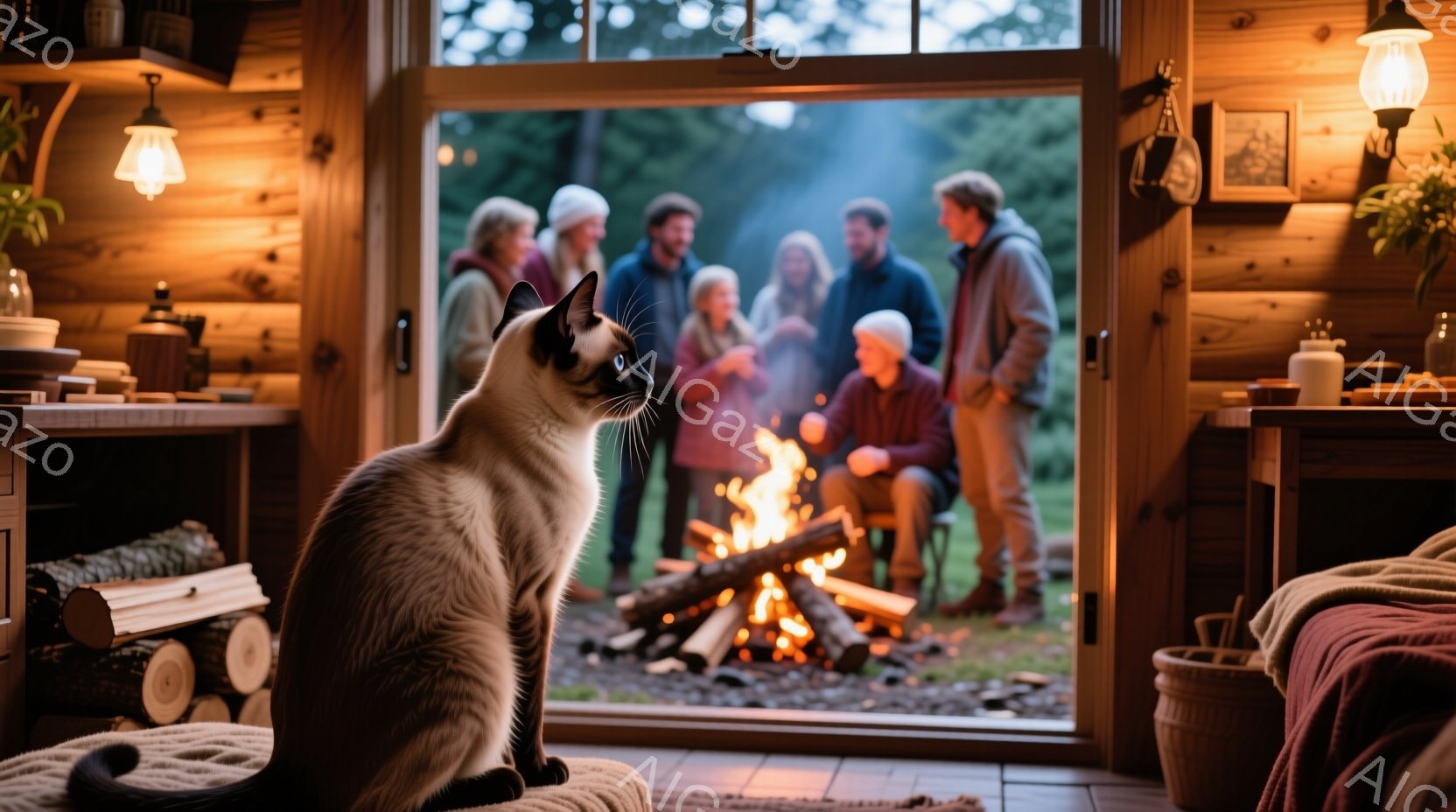 暖炉を囲む人々が、屋外で焚き火を囲んで楽しんでいます。彼らはカジュアルな服装で、笑顔で談笑したり、暖炉の炎を見つめたりしています。室内には、窓辺で座って外を見つめているシャム猫がおり、木製の壁と家具が - AI生成フリー素材