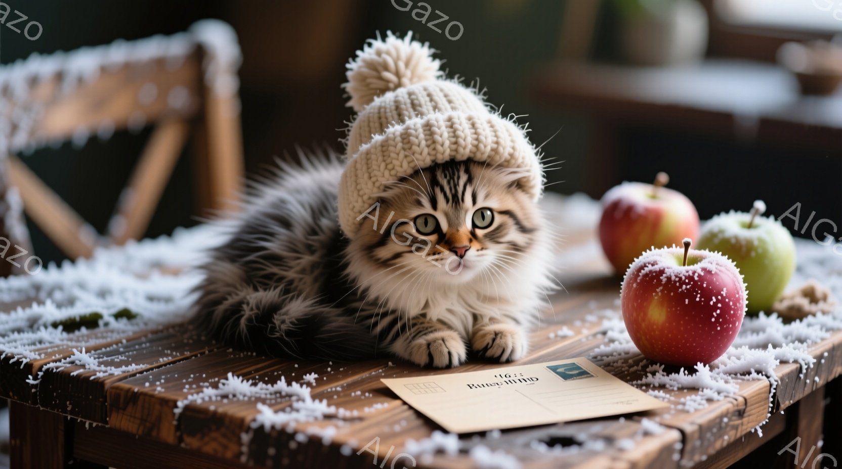 白と茶色の縞模様の小さな子猫が、頭に編み帽をかぶって、木製のテーブルの上に座っています。子猫は前足を伸ばし、少し上目遣いでカメラを見ており、その表情は好奇心と可愛らしさに満ちています。テーブルの周りには雪が積もり、赤いリンゴが置かれ、冬の暖かく穏やかな雰囲気を醸し出しています。