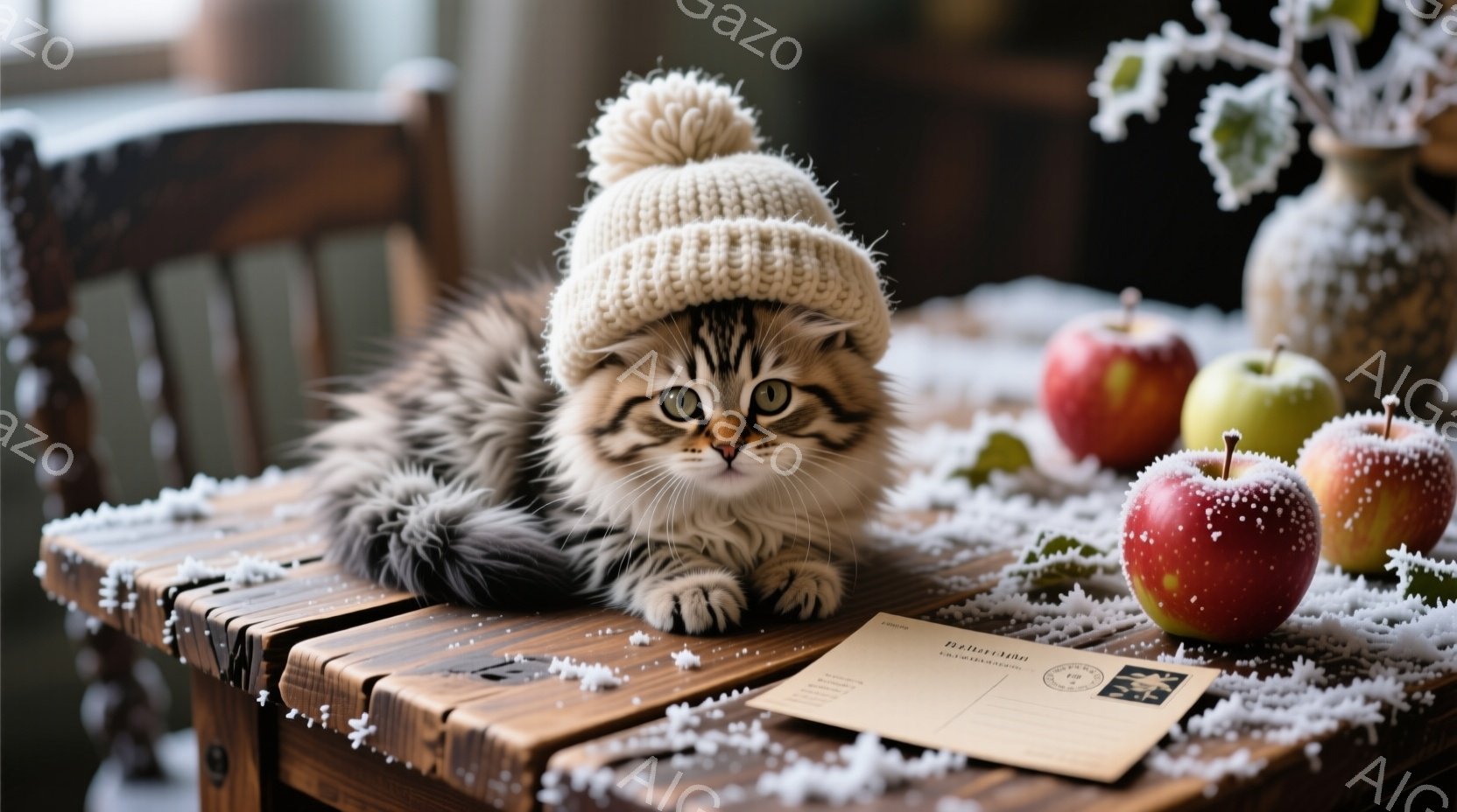 縞模様の小さな子猫が、ニット帽をかぶって木の台の上に横たわっています。子猫はカメラに向かって大きな瞳でこちらを見ており、穏やかで可愛らしい表情をしています。背景には赤いリンゴと手紙、そして雪が舞っている様子がぼんやりと見え、冬の暖かく優しい雰囲気を醸し出しています。