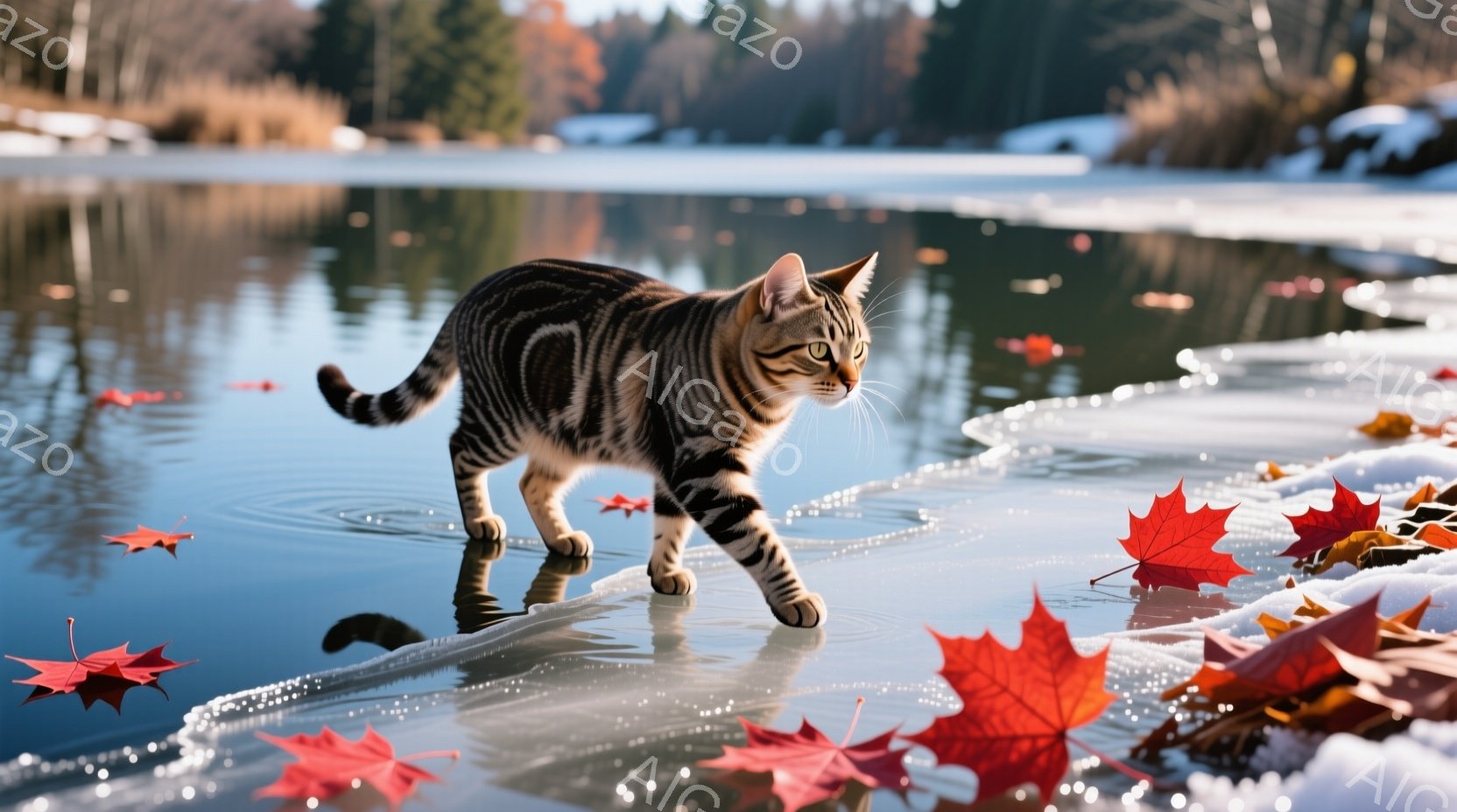 縞模様の猫が凍った湖の上を慎重に歩いている。湖面には赤い紅葉が散らばり、反射して美しい模様を作り出している。背景には緑の木々が広がり、冬の穏やかな雰囲気を醸し出している。 - AI生成フリー素材