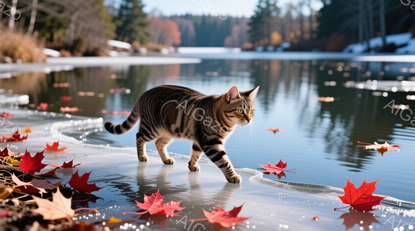 凍った湖の上を、縞模様の猫が慎重に歩いている。湖面には赤い紅葉が点在し、背景には緑豊かな森が広がっている。冷たい空気と澄んだ水面が、静かで穏やかな冬の風景を作り出している。 - AI生成フリー素材