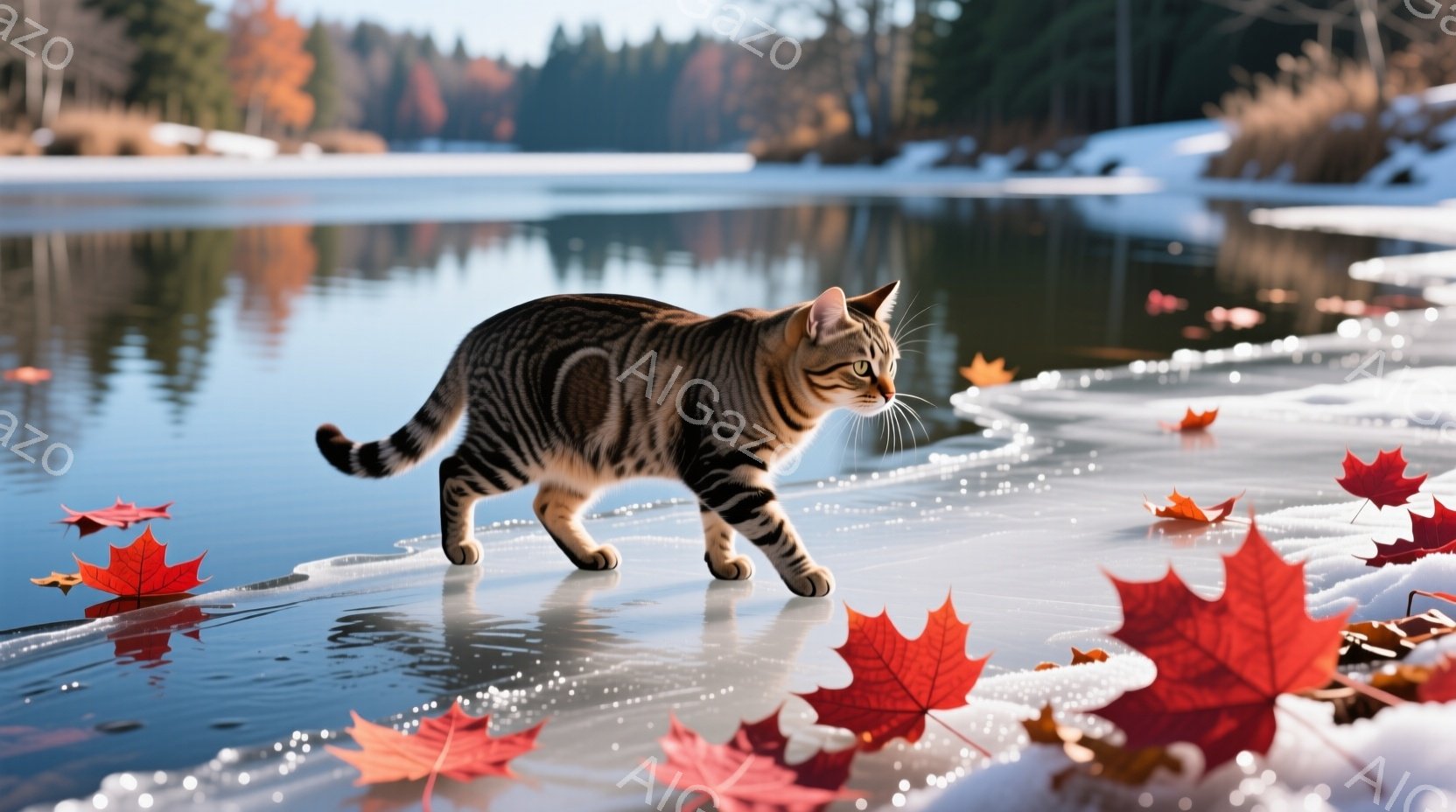 凍った湖の上を、縞模様の猫が慎重に歩いている。鮮やかな赤い紅葉が氷の上に散らばり、秋の風景を彩っている。背景には、緑豊かな森林と、水面に映る木々のシルエットが見え、静かで穏やかな雰囲気が漂っている。 - AI生成フリー素材