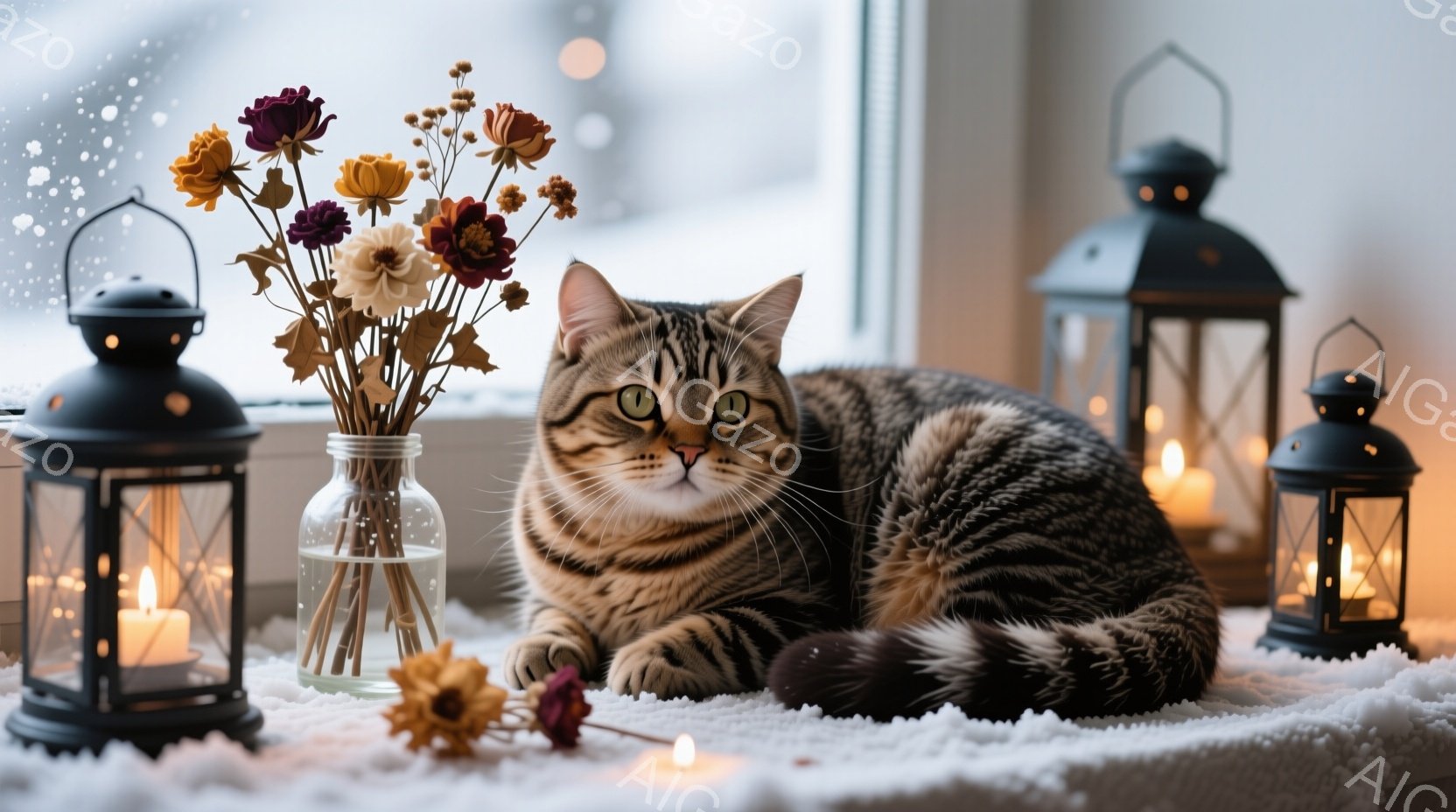 縞模様の猫が白い毛布の上に横たわっており、正面を向いて穏やかな表情でこちらを見ている。猫の周りには、キャンドルが灯された黒いランタンと、花が活けられた瓶が置かれ、背景にはぼやけた窓の外の風景が見える。 - AI生成フリー素材