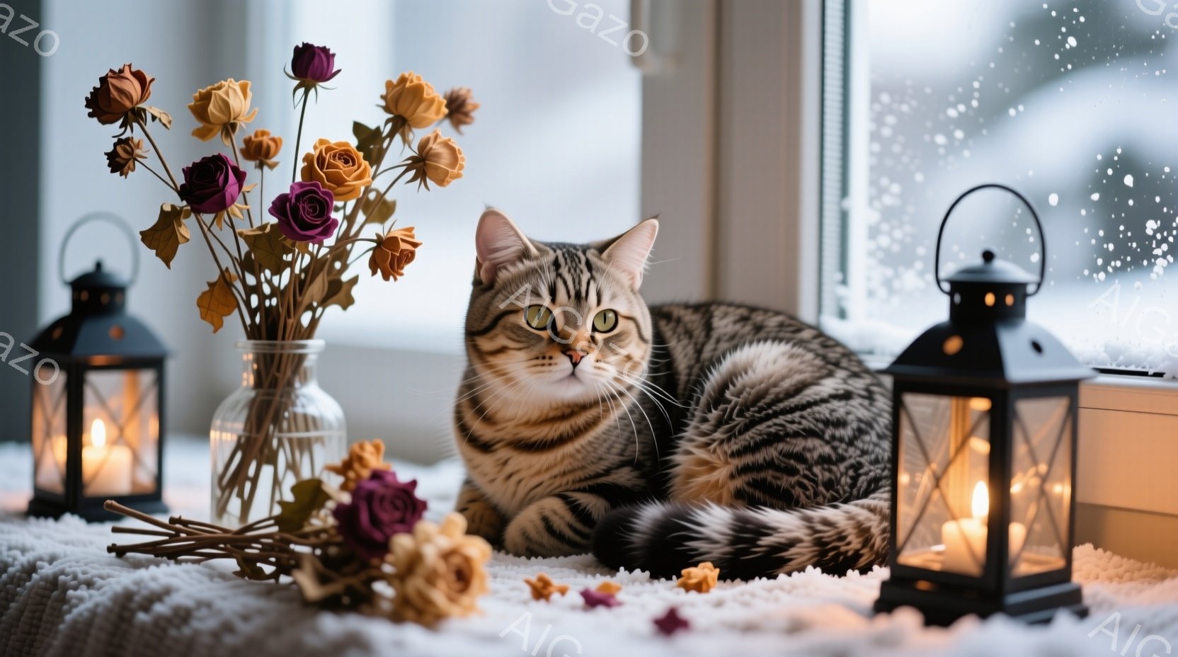 縞模様の猫が白い毛布の上に横たわり、リラックスした様子でカメラを見つめている。周りには、枯れかけたバラの花が飾られた花瓶と、点灯したキャンドルが置かれた黒いランタンがあり、窓の外は雪が降っている様子が - AI生成フリー素材