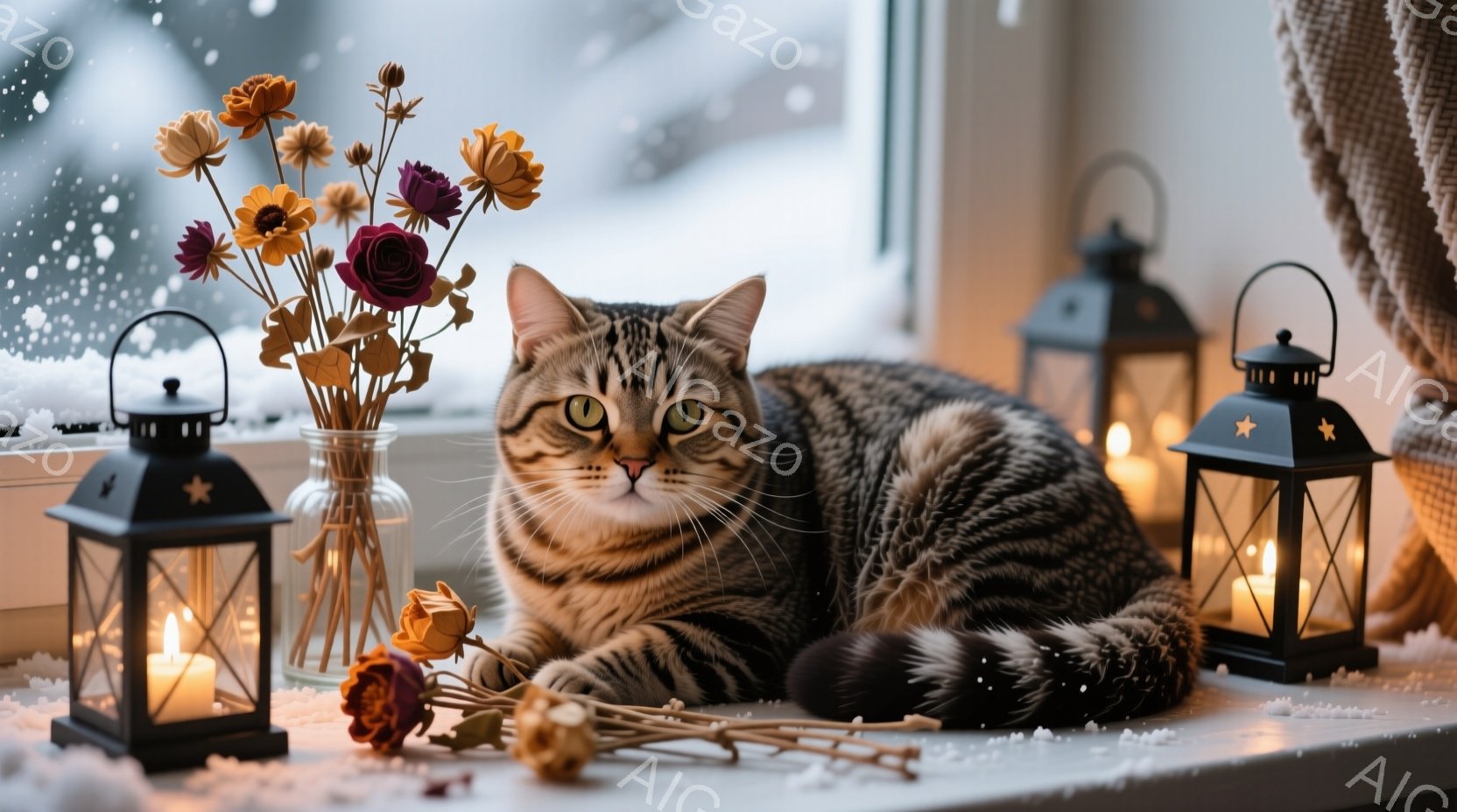 茶色の縞模様の猫が窓辺にゆったりと横たわっています。周りにはキャンドルが灯ったランタンと、枯れた花が飾られた花瓶が置かれ、雪が降る外の景色が見えます。温かく穏やかな雰囲気が漂い、冬の日の静けさと安らぎ - AI生成フリー素材