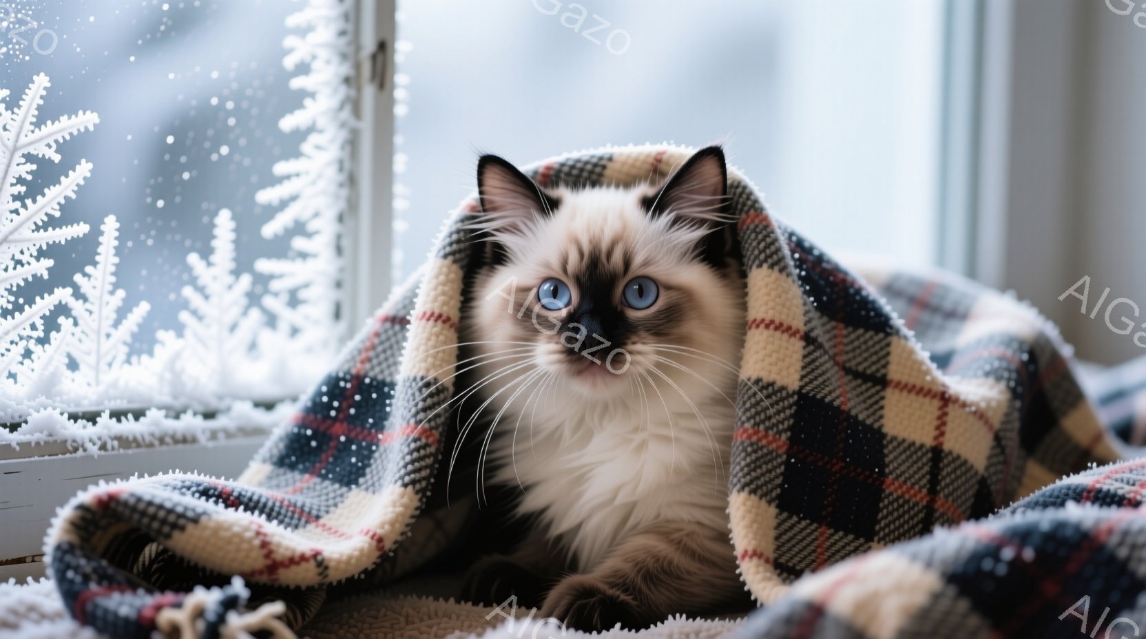 白い毛並みに青い瞳を持つ猫が、ベージュと黒のチェック柄の毛布に包まれてリラックスして座っています。窓の外には雪の結晶が描かれており、冬の寒さを感じさせる背景です。猫の表情は穏やかで、暖かく心地よい雰囲 - AI生成フリー素材