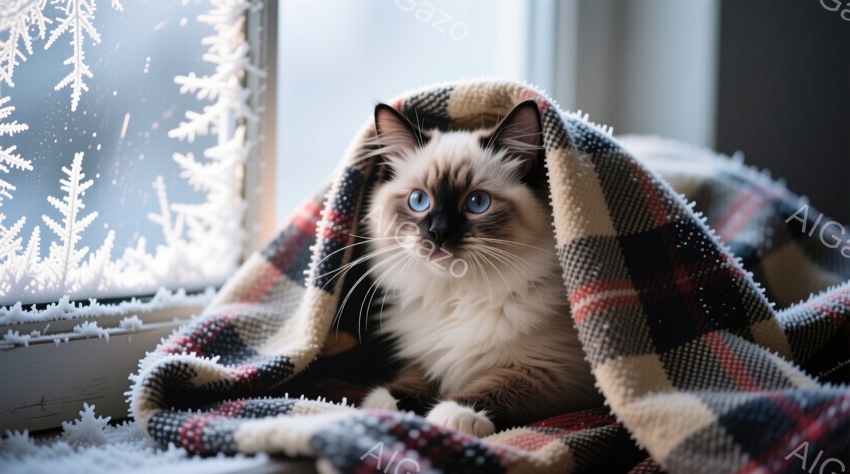白い毛並みにポイントカラーの猫が、赤と白のチェック柄の毛布にくるまって座っています。窓ガラスには雪の結晶が描かれており、冬の静かで暖かい雰囲気を醸し出しています。猫はブルーの瞳でカメラを見つめ、どこか - AI生成フリー素材