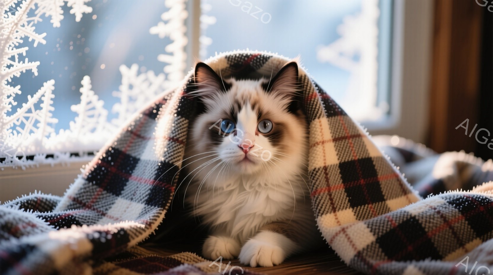 白と茶色の美しい猫が、チェック柄の毛布にくるまって、カメラに向かって少し眠たそうな表情でこちらを見ている。背景には雪の結晶が描かれた窓があり、冬の穏やかな雰囲気が漂っている。猫の毛並みが柔らかく、温か - AI生成フリー素材