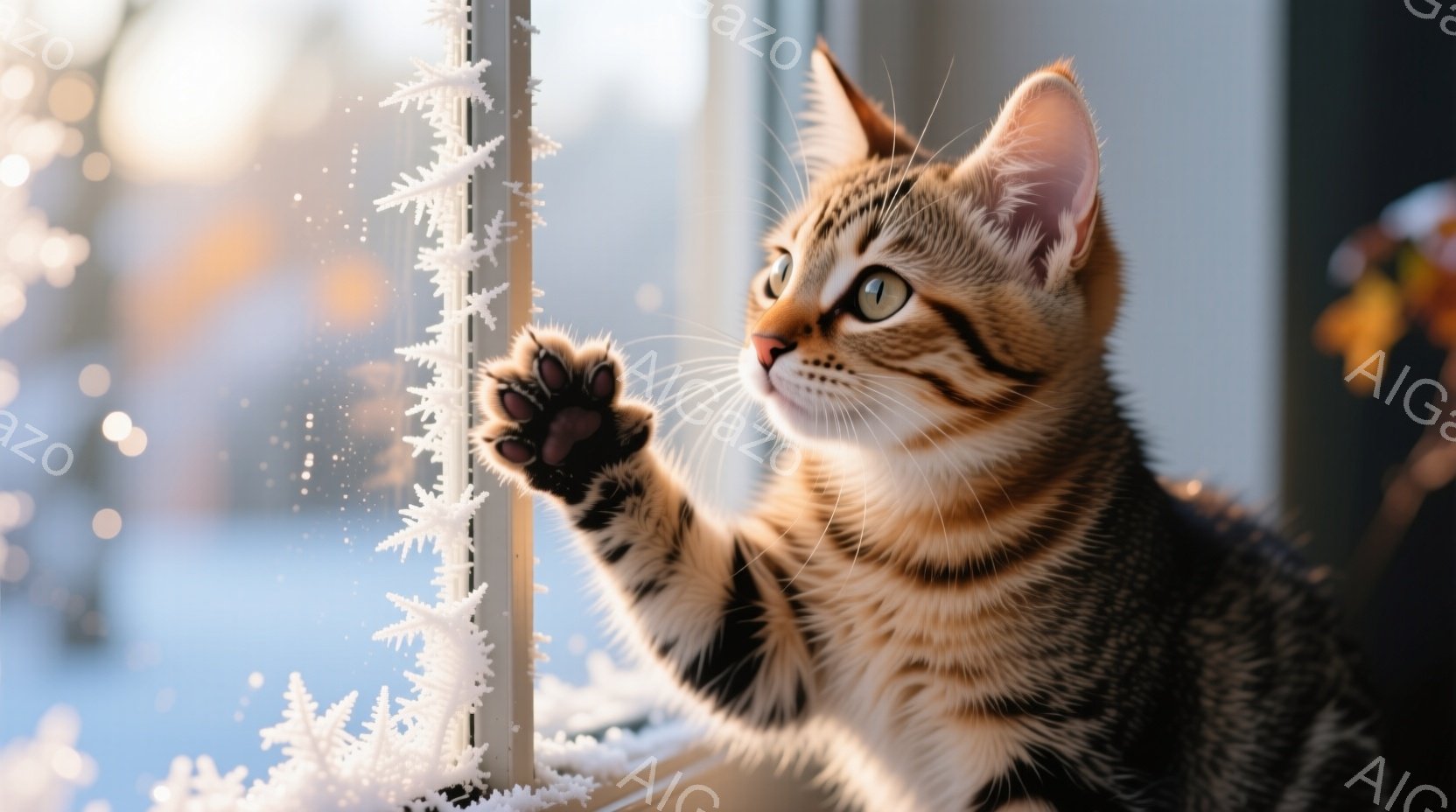 茶トラの猫が窓ガラスに前足を伸ばし、外を眺めている。窓には雪の結晶のような模様が描かれており、背景にはぼやけた青い空と植物が見える。暖かく穏やかな雰囲気で、猫は好奇心と遊び心を持って冬の風景を楽しんで - AI生成フリー素材