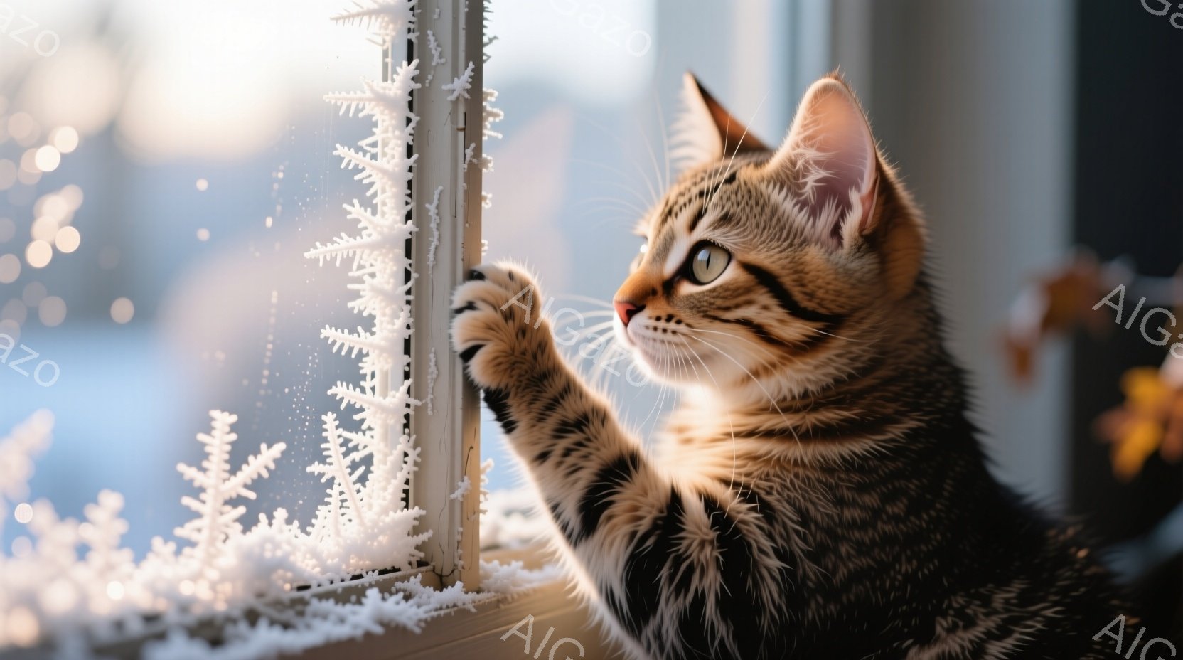 縞模様のキティが、霜で覆われた窓枠に前足をかけて何かを見つめています。窓の外にはぼやけた景色が広がり、おそらく建物や自然が見えますが、焦点は合っていません。全体的に、冬の静かで穏やかな雰囲気が漂い、キ - AI生成フリー素材