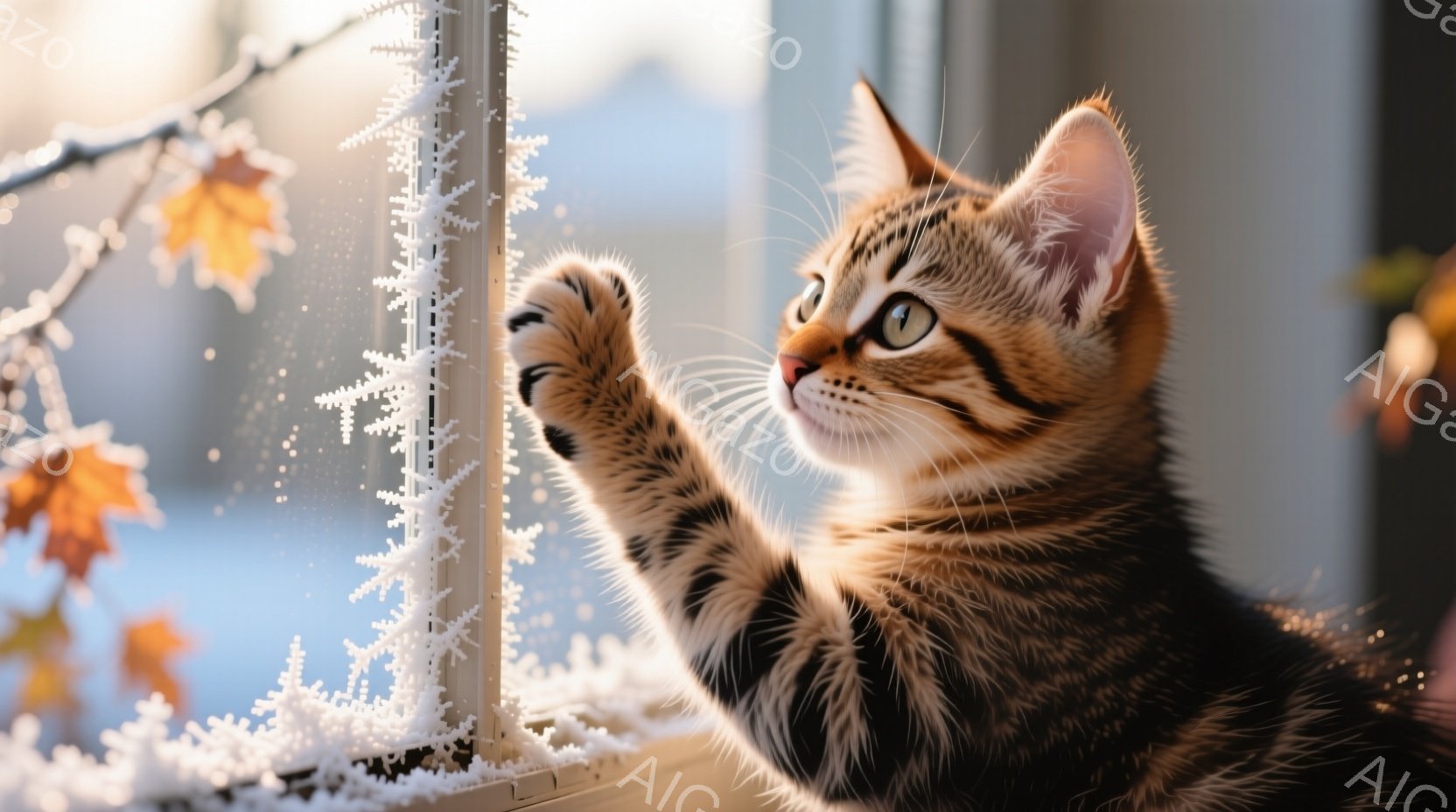 縞模様の小さな子猫が、霜で覆われた窓ガラスに前足を伸ばして触れようとしています。窓の外には、オレンジ色の葉をつけた枝が見え、背景はぼやけていますが、冬の穏やかな風景がうかがえます。全体的に、好奇心と静けさが感じられる、心温まる光景です。