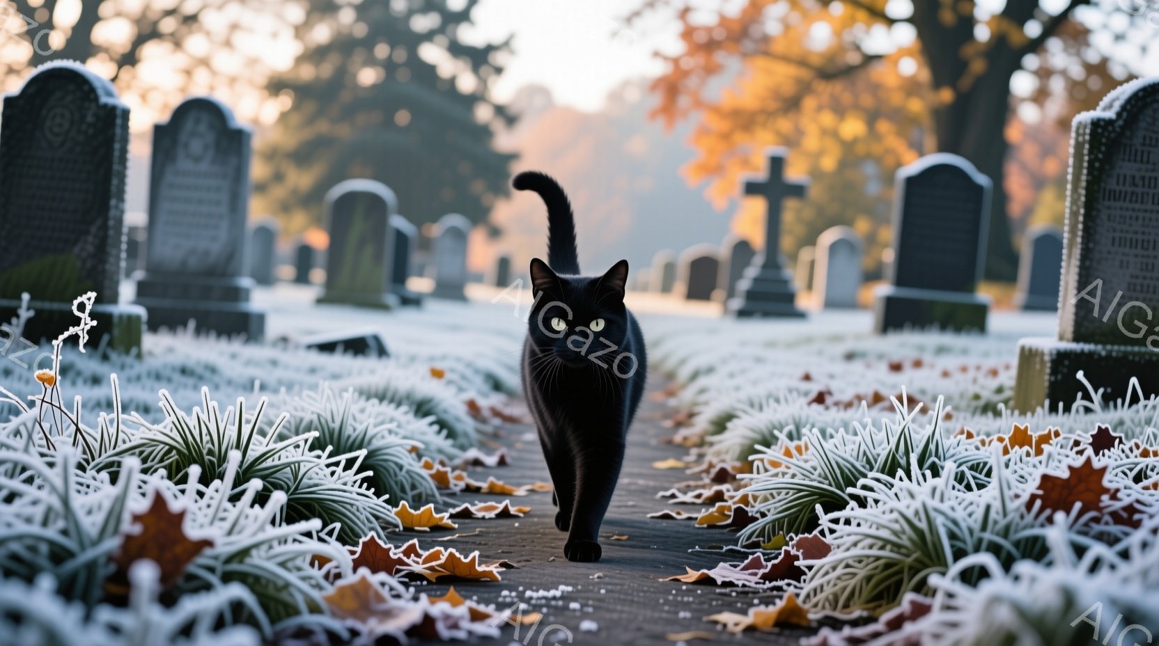 黒猫が墓地の小道を歩いている。霜が降りた草や落ち葉が道に散らばり、背景には石の墓標が並び、朝日に照らされた静寂な雰囲気が漂う。猫はまっすぐ前を見ており、その姿は神秘的で、少し不気味な印象を与える。 - AI生成フリー素材