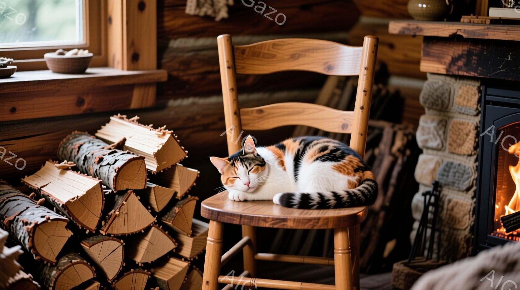 暖炉のそばの椅子に三毛猫が丸まって眠っています。椅子は木製で、背景には薪が積まれた棚と石造りの暖炉が見え、部屋全体が温かく居心地の良い雰囲気に包まれています。光の差し込み具合から、穏やかな昼下がりであることが伺えます。