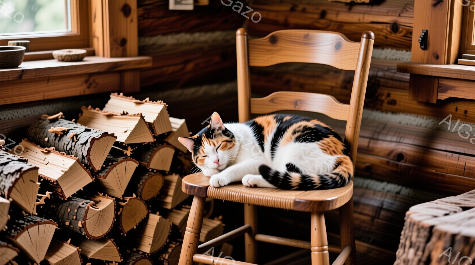 暖炉のある木の家で、三毛猫が木製の椅子に丸まって眠っています。背景には薪が積み上げられ、素朴で温かい雰囲気が漂っています。猫の表情は穏やかで、まるで完全にリラックスしているようです。 - AI生成フリー素材
