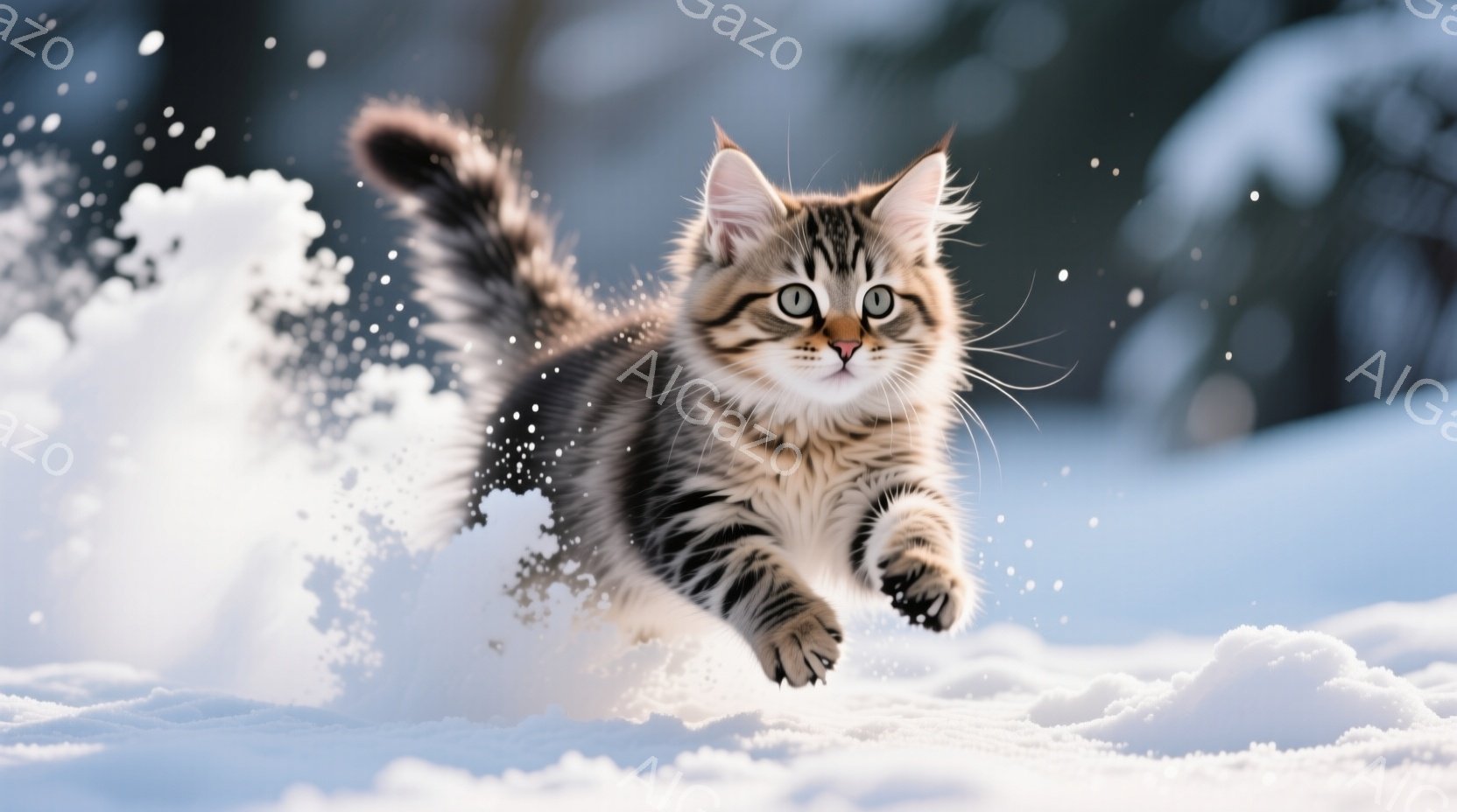 縞模様の猫が雪の中で飛び跳ねている様子が捉えられています。猫は前足を伸ばし、背中を丸め、遊び心に満ちた表情で雪煙を巻き上げながら勢いよく飛んでいます。背景は雪景色で、ぼやけた木々が確認でき、猫の躍動感 - AI生成フリー素材